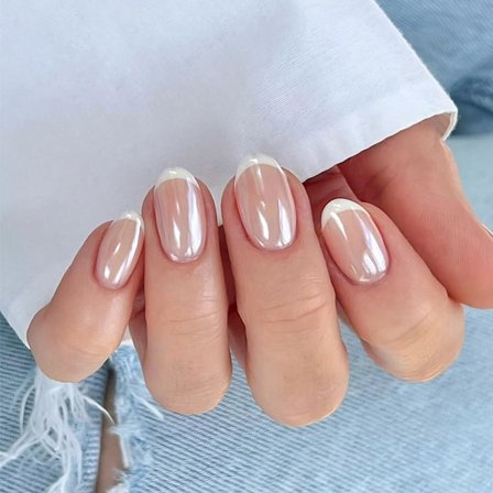 Chrome French Tip Press On Lösnaglar Kort Oval, Vit Tipp Nude Glaserad Design Mjuk Gel med Lim Press på Nagel för Kvinnor Flickor Gåva, Återanvändbar 