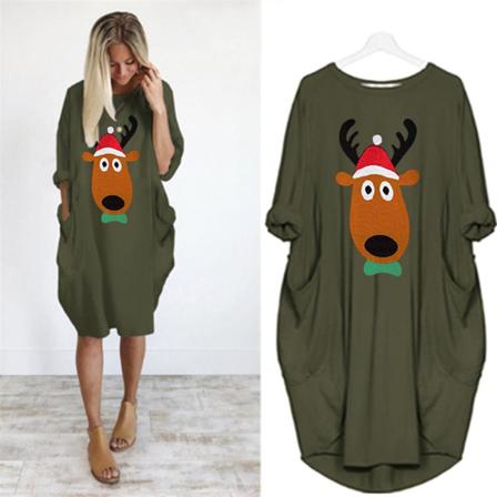 Kvinnor Kortärmad Casual Christmas Print Pocket T-shirt Dress