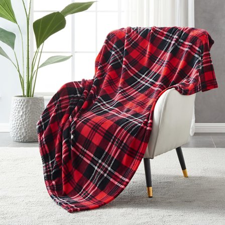 1 flannels uldtæppe 130cm×150cm, fire-sæson ternet rødt tæppe, egnet til seng, sofa, bil