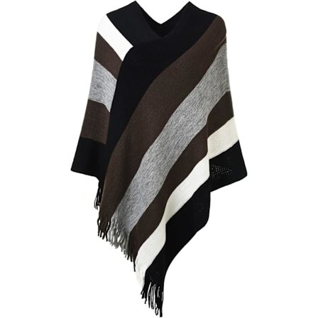 Naisten virkattu poncho reunuksilla - Huivi rohkeilla raidoilla, koko S
