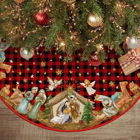 48 tum Buffalo Plaid Julgransmatta med Krubbmotiv, Festlig Vinter Julgransdekoration för Hem Juldeko