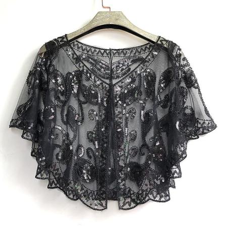 Kvinders 1920'er Sequin Sjal Wrap Brude Sjal Cover up Perlebesat Aften Kappe Sort