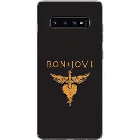 Kompatibelt Mobilskal till Samsung Samsung Galaxy S10 Ikonisk musikillustration med bevingat hjärta och dolk i guldtoner på mörk bakgrund, kraftful