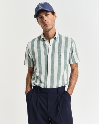 GANT - Regular fit stripete kortermet skjorte i bomullslin til herre woody green