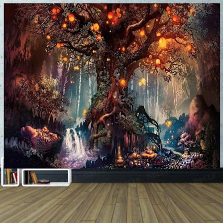 Fantasy Planter Vægtæppe Magisk Skov Vægtæpper Natur Eventyr Vægtæppe Stort Livets Træ Flanel Vægophæng Julevægtæppe til Soveværelse L