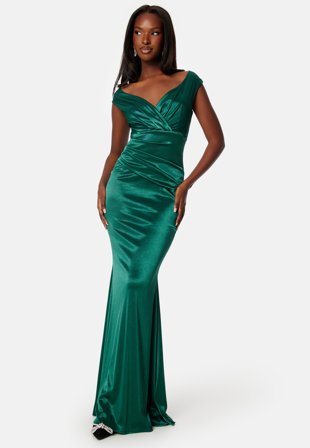 Goddiva Satin Bardot Pleat Maxi Dress Green Klær