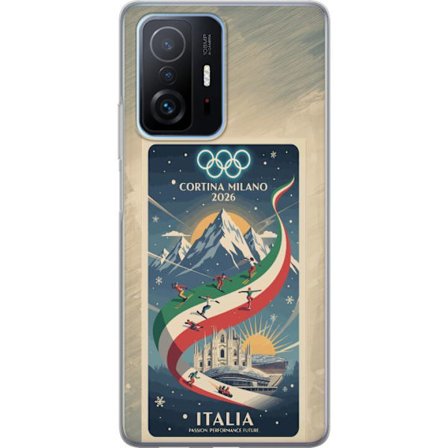 Yhteensopiva Puhelinkuori Xiaomi 11T Mäkihyppykuvitus, jossa hiihtäjä tähtää kiväärillä lumisella radalla, teksti Milano Cortina 2026 ja olympialaiste