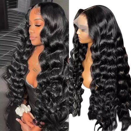 30-tommer sort bølget paryk med midterskilning og bølger GAO246176(25cm*15cm*5cm,sort)