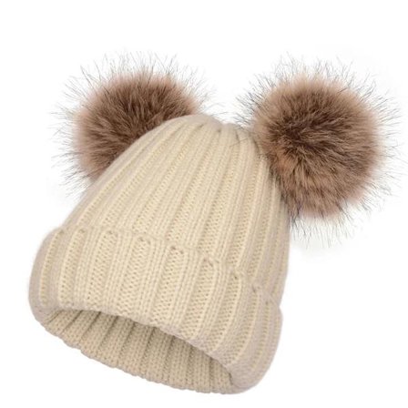 Vinterhue til kvinder, strikket hue med to pomponer, skihue Beige