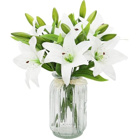 6 Kunstige Lily Blomster Hvide Buketter, Realistiske Falske Lily Fl(Vase ikke inkluderet)