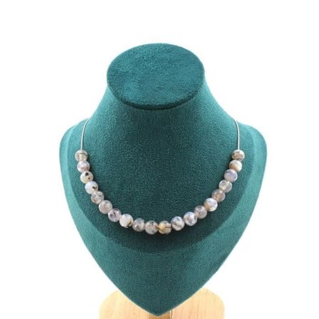 Stenar och mineraler. Halsband med 20 Dragon ven Agate pärlor 8 mm. Stålkedja Halsband för kvinnor, män. Anpassningsbar storlek.