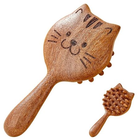 Sandeltre Hårbørste, Katteformet Hodebunnsmassasje & Tre Detangler for Tørt/Vått Hår - Hårbørste i Reisestørrelse for Kvinner, Menn, Barn, P