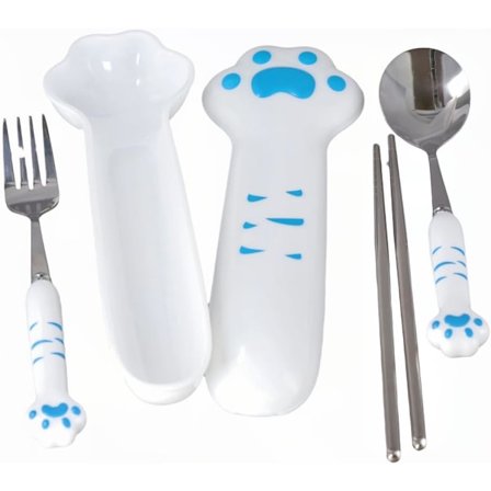 3-delt tegneserie sød katteklo ske gaffel spisepinde sæt udendørs camping bærbar service sæt (2 dele) Blå