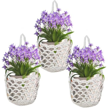 Sett med 3 Makrame Hengende Kurver - Bohemsk Dekor - Veggvaser og Hengende Blomsterpotter for Innendørs og Utendørs Bruk - Hage, Balkong, Vindu, Stue