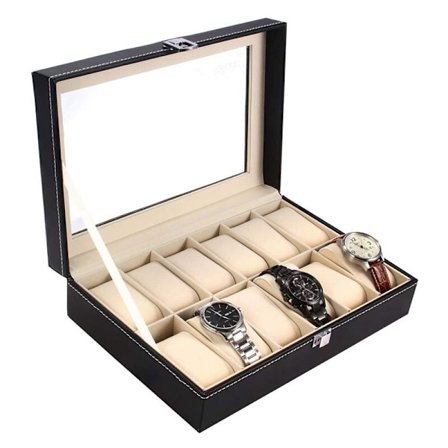 Urboks, opbevaringsboks til 12 ure, urboks, sort kunstlæder urkasse