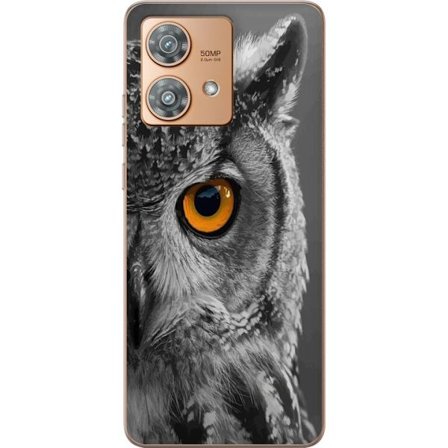 Kompatibelt Mobildeksel til Motorola Edge 40 Neo Svart og hvit nærbilde av en ugle med kraftig oransje øye og detaljert fjærstruktur.