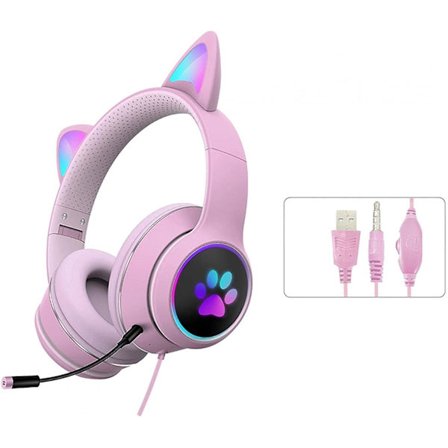 Sammenklappeligt gaming headset med katteører, RGB LED-lys, stereolyd, mikrofon, USB 3,5 mm, kablede over-ear gaming headsets til børn og voksne