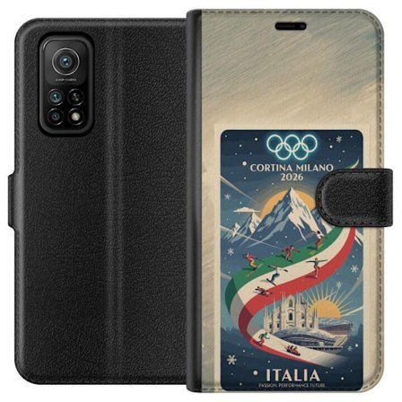 Yhteensopiva Lompakkokotelo Xiaomi Mi 10T 5G Mäkihyppykuvitus, jossa hiihtäjä tähtää kiväärillä lumisella radalla, teksti Milano Cortina 2026 ja olymp