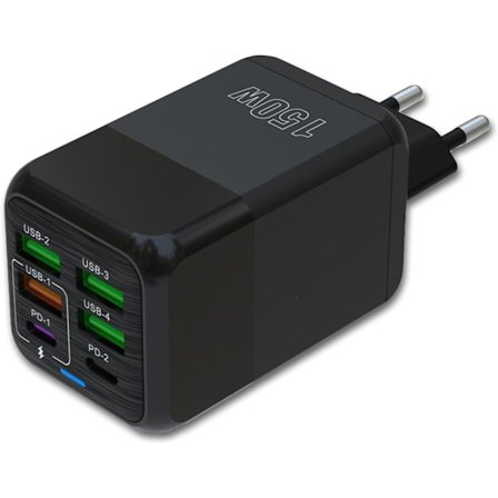 150W USB-laturi 6 portilla: 2 USB-C + 4 USB-A | Pikalataus - QC 3.0 | Yhteensopiva Samsungin/iPhonen/Xiaomin/jne. kanssa | CE-sertifioitu (Musta)