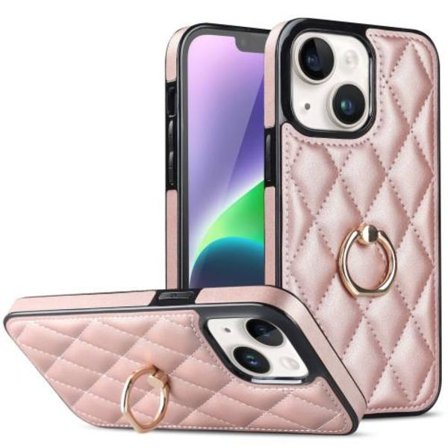 iPhone 14 Etui Rhombus Grid Mønster Bagcoverring Kickstand - Rose Gold