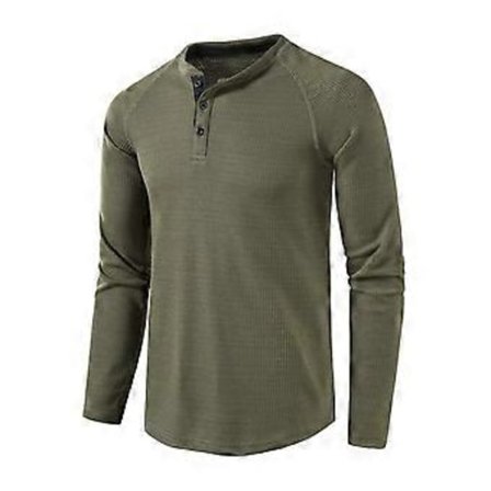 Waffle Henley-skjorte for menn, rund hals, langermet T-skjorte, ensfarget, fritidsklær, komfortabel skjorte for høst og vinter (M armygrønn)