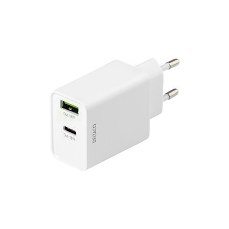 Kraftfull USB-laddare, 2 portar, PD, 1x USB-A, 1x USB-C, Deltaco