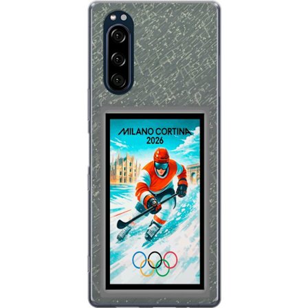 Yhteensopiva Puhelinkuori Sony Xperia 5 Curlingkuvitus pelaajilla ja kivillä jäällä, Milano Cortina 2026, lumisia roiskeita ja olympiasormukset