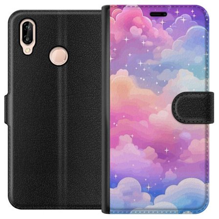 Kompatibelt Lommeboketui til Huawei P20 lite Søt enhjørning med regnbuefarget hår mot en stjernebelagt pastellbakgrunn i kawaii-stil