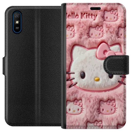 Kompatibel Tegnebogsetui til Xiaomi Redmi 9A Hello Kitty lyserød fluffy baggrund med ikonisk ansigt og kawaii-æstetik