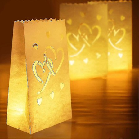 50 Stykker Hvite Lysende Hjerteformede Poser, Flammehemmende Lysposer