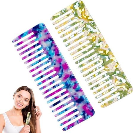 2 stk. bredtandet kam med marmor mønster, egnet til langt, tykt og krøllet hår