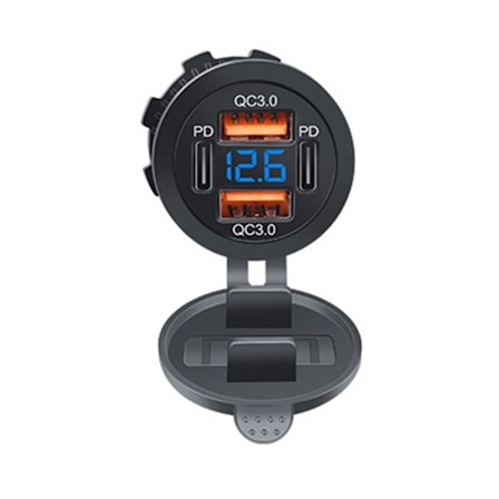 USB-opladningsstik til bil med vandtætte hætter Voltmeter 12V-24V USB-port til marinebrug Dobbelt QC3.0+Dobbelt PD Type-C udtag