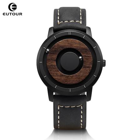 EUTOUR Original Magnetisk Träurtavla Mode Casual Kvartsur Enkel Herrklocka Rostfritt Stål Läderarmband Red