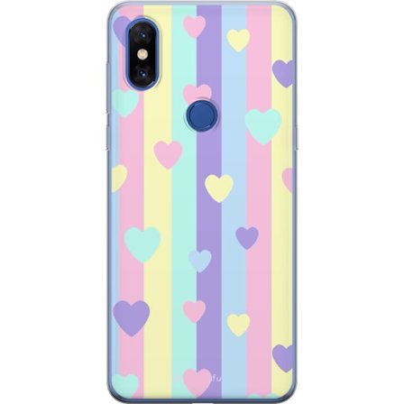 Kompatibel Mobilcover til Xiaomi Mi Mix 3 Pastelstriber i lyserød, gul, lilla og blå med spredte hjerter i blød kawaii-stil.