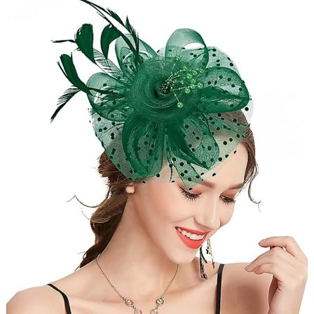 Grön - Hatt med blomma och nätband, fjäderhårband och teklämmor, för flickor och kvinnor.