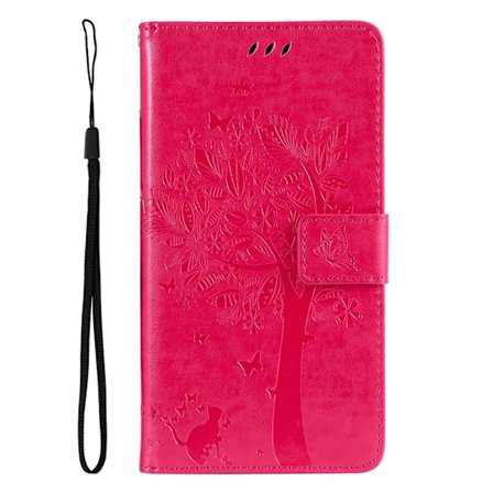 Etui til iPhone 16E Rose Rød Preget Tre Katte Lekende Sommerfugler Lær Etui Sommerfugl