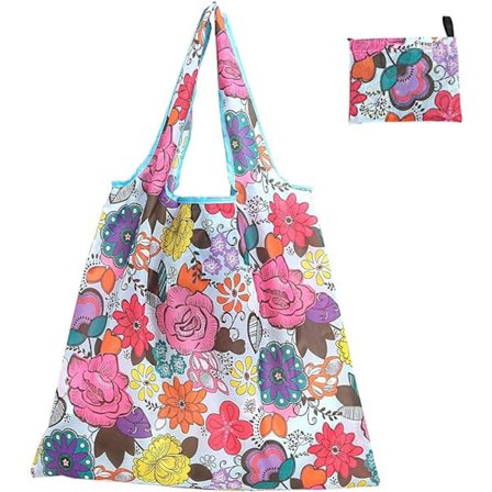 1-delt sett med stor sammenleggbar handlepose (blå blomster)