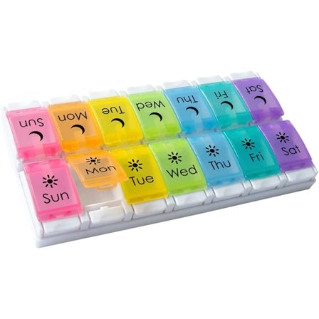 Veckovis (7 dagar) AM/PM Pill Organizer, vitamin- och medicinlåda, stora tryckknappsfack, 2 gånger om dagen, regnbågslock