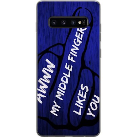 Kompatibelt Mobildeksel til Samsung Galaxy S10 Mørk typografisk illustrasjon med hjerteform og budskap om vennskap mot dyp blå tretekstur