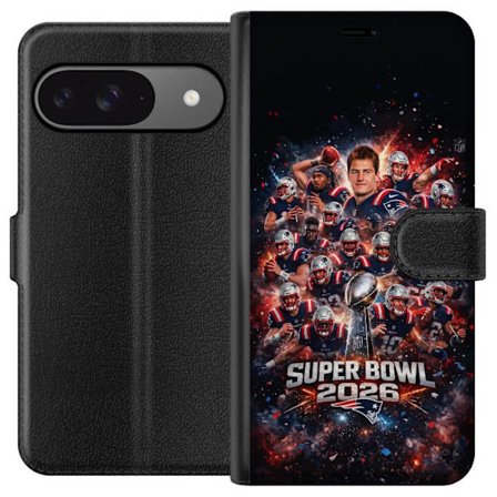 Yhteensopiva Lompakkokotelo Google Pixel 9 Pro Super Bowl 2026 juliste, jossa New England Patriots ja NFL-mestaruuspalkinto räjähtävän urheilullisessa