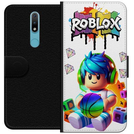 Yhteensopiva Lompakkokotelo Nokia Nokia 2.4 Värikäs Roblox-kuvitus pelihahmolla, leluilla ja energialla, täydellinen pelifaneille ja moderniin tyyl