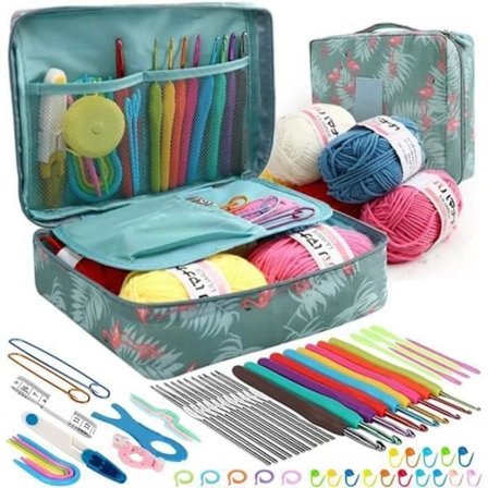 68 delar kit virkning, virkningstrik för vuxna nybörjare, med virknålsväska, tillbehör - olivgrön - flamingo