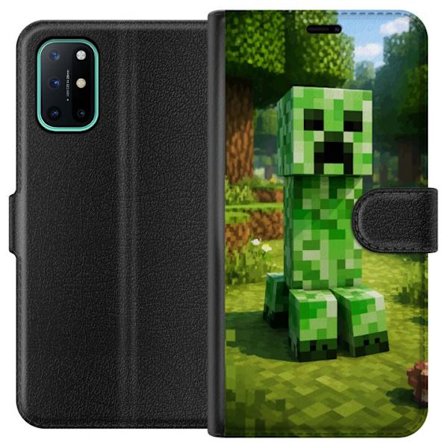 Kompatibelt Plånboksfodral till OnePlus OnePlus 8T Block-baserad Creeper-figur i en grön pixell värld, ikonisk spelillustration för barnrum, gamer