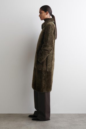 COS Women's Cappotto Lungo In Shearling Con Finiture In Pelle in Verde