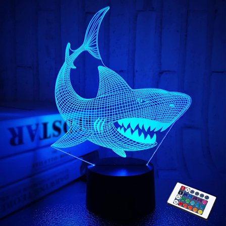 Shark 3D Illusion Natlampe Dyr Touch Bord Lampe, med Fjernbetjening 16 Farver Optisk USB LED Natlys til Børn Jul