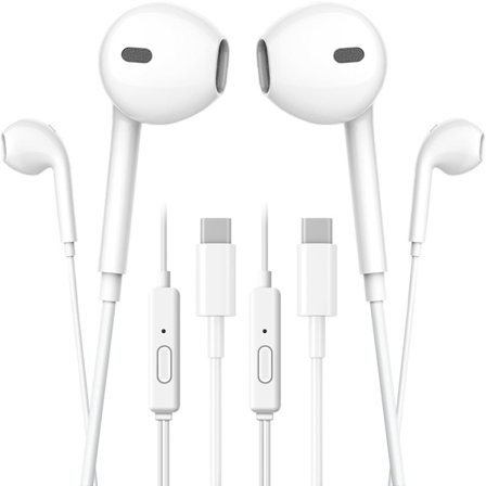 Type-C Hörlurar – In-Ear Trådbundna Hörlurar med Mikrofon, Djup Bas och Brusreducering | USB-C Kompatibel – Vit 2-Pack