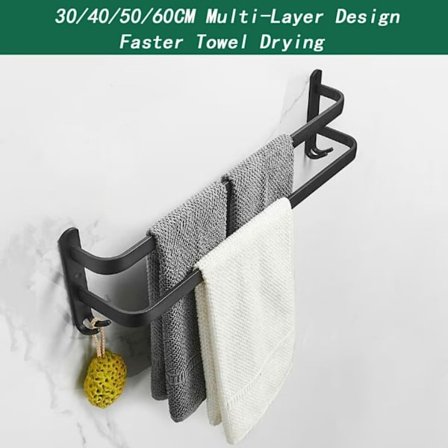 Vægmonteret håndklædeholder med 2 kroge, badeværelseshåndklædeholder, aluminiumshyldere til badeværelse og køkken, sort, 2 lag