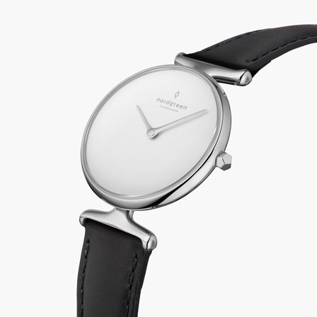 Nordgreen Best Women's Slim Designer Watch - Silver Case - White Dial - 32mm Black Leather Strap White Dial Unika