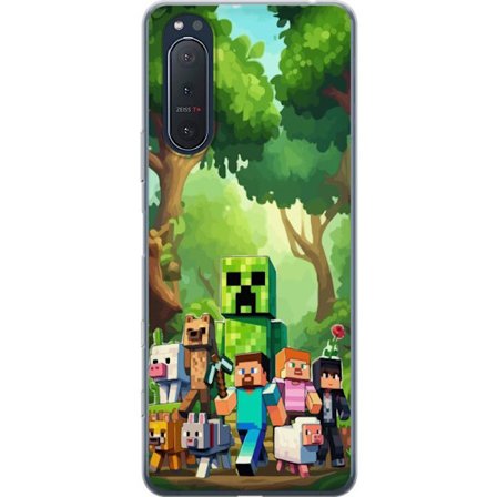 Yhteensopiva Puhelinkuori Sony Xperia 5 II Jämäkkä pikselöity pelimaailma, jossa vihreät hahmot ja eläimet rehevässä metsäympäristössä