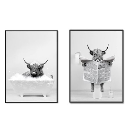 Sød sort og hvid langhornet ko lærred maleri plakat badeværelse